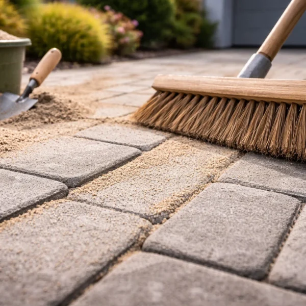 59321331-1ad4-4693-933c-aec5826e75ca Fugensand wird mit Besen in Pflasterfugen eingekehrt – stabilisiert Pflastersteine und sorgt für ein gleichmäßiges Fugenbild
