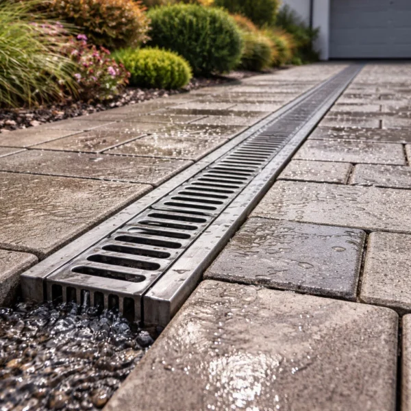 e3a53537-4f42-43eb-9538-e4456dba74f7 Entwässerungsrinne aus Edelstahl in gepflasterter Einfahrt – effiziente Ableitung von Regenwasser für Hof und Außenbereiche