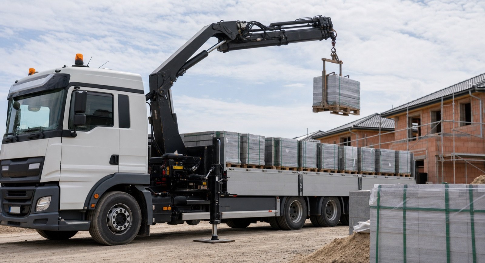 Baustoff-LKW mit Anhänger und Ladekran